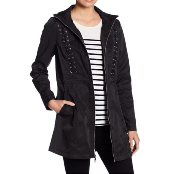 GUESS Women’s Lace Up Hooded Water Resistant Raincoat Jacket in the Size Medium - Picture 1 of 16